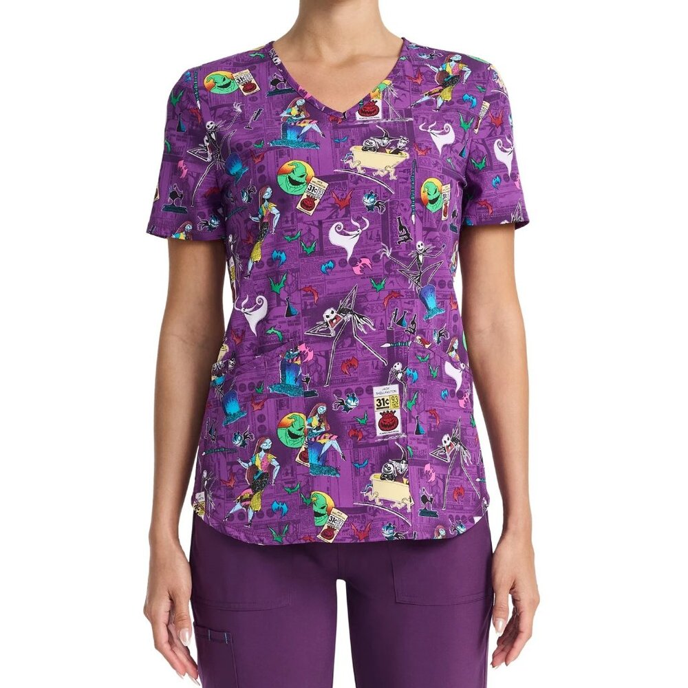 Disney The Nightmare Before Christmas V Neck Print Scrub Top Scrubstar Womens - Picture 1 of 8